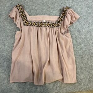 Pink Embroidered‎ Square Neck Sleeveless Top Boho Size XXL